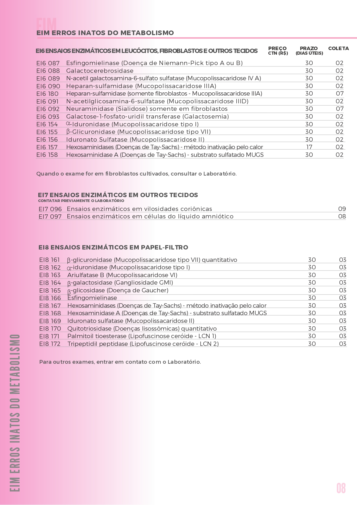 Exames Oferecidos de Erros Inatos EI6, EI7 e EI8